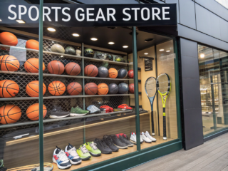 Sports store window display furnishing: energy and visual identity